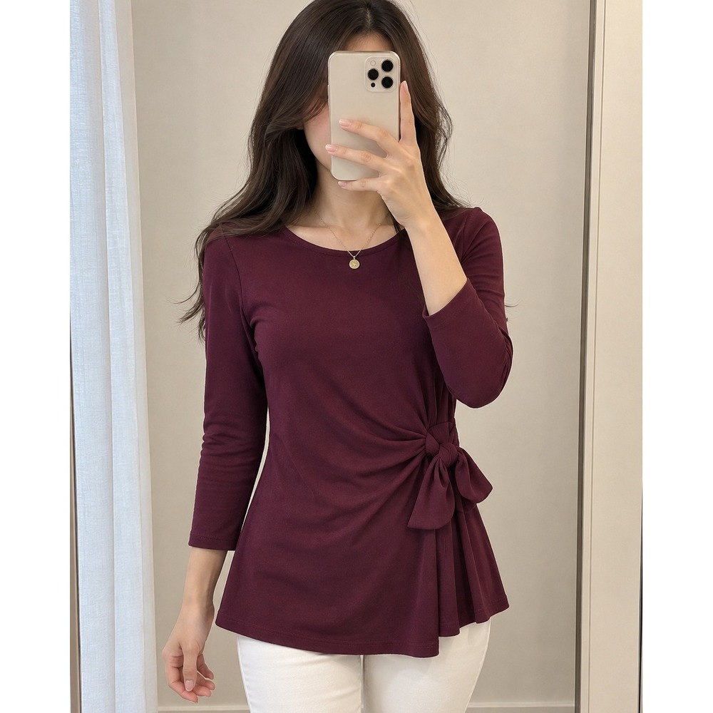 Elle Madira Bry Burgundy Side Tie 3/4 Sleeve Top Blouse XS WE93K066RS